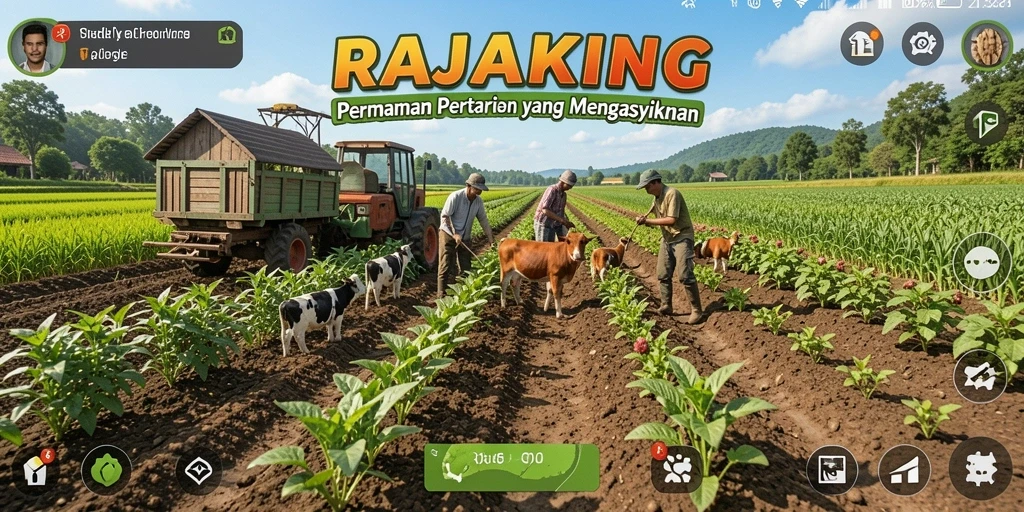 Screenshot gameplay RAJAKING menampilkan keindahan ladang pertanian yang dikelola.